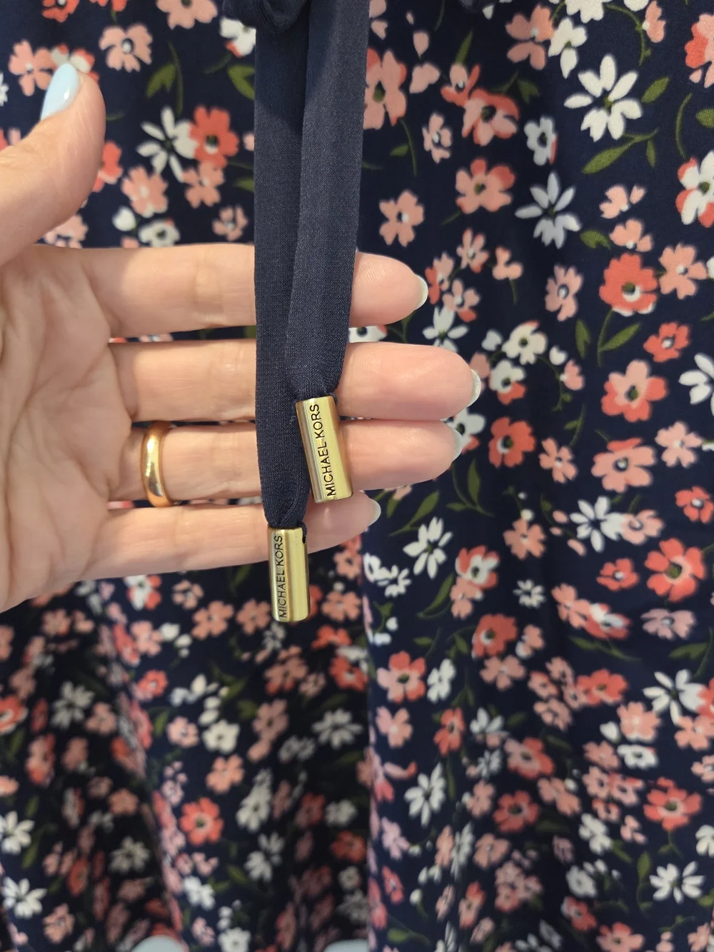 Michael Kors Navy Floral Wrap Dress with Pink and White Blossoms